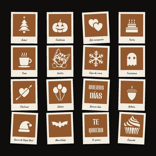 Tarjetas de latte art a elegir para la cámara Lattea: árbol, calabaza, dos corazones, tarta, taza, gatito, copo de nieve, fantasma, flechazo, globos, Buenos días, bellota, gorro de Papá Noel, murciélago, Te quiero y cupcake.