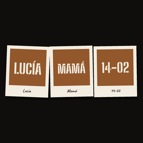 Tres tarjetas personalizadas: «Lucía», «Mamá» y la fecha «14-02», en letra de plantilla.