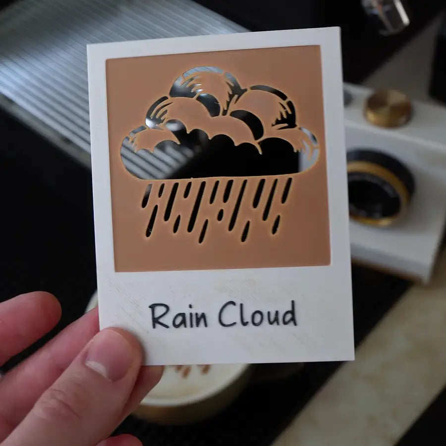 Una mano sostiene una tarjeta con una nube de lluvia recortada